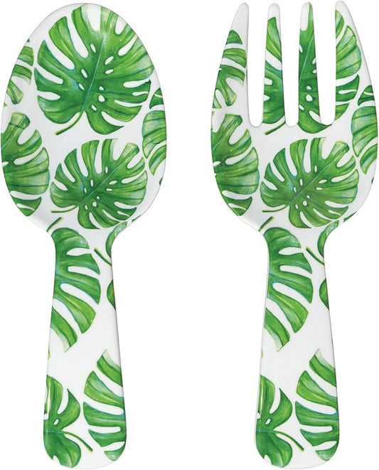 UPware Monstera Melamine Salad Servers, Serving Utensil Set, Includes Serving Fork and Spoon for Tossing Salad, Pasta, Green, 10.75 Inch, Set of 2