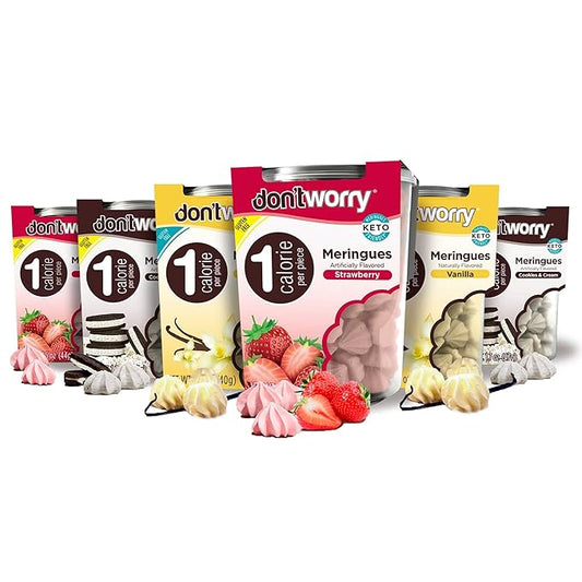 Don't Worry Low Calorie Meringue Cookies - 6 Pack - Strawberry, Vanilla and Cookies&Cream, Just 1 Calorie per Piece | Low Sugar Candy, Gluten Free | Keto Cookies and Healthy Snacks for Adults