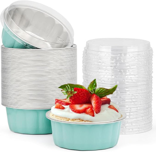 Beasea Disposable Ramekins 8oz, 50 Pack Aluminum Foil Cups with Lids Lake Blue, Disposable Creme Brulee Muffin Cupcake Baking Cup Mini Pudding Cups for Party Wedding Birthday