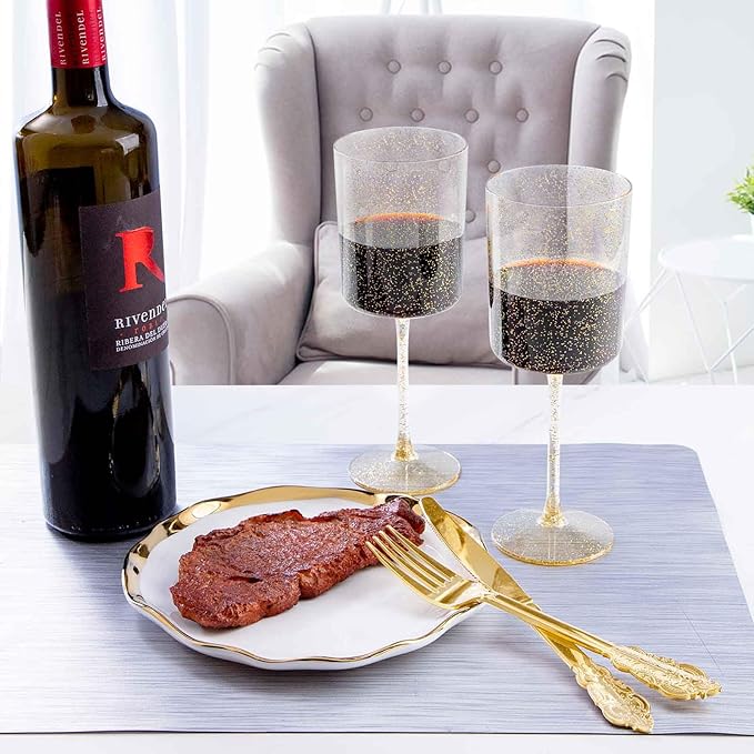 Ciaell 6 Pack Gold Plastic Wine Glasses - 10 Oz Disposable Glasse with Stem - Disposable Wine Glasses Perfect for Parties & Weddings & Poolside & Outdoors & Camping & Thanksgiving