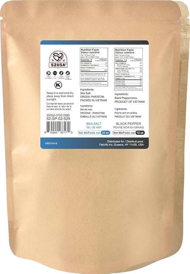 52USA Black Peppercorns 12 oz and Coarse Sea Salt 2 lbs, Salt and Pepper for Grinder Refill, Whole Peppercorns
