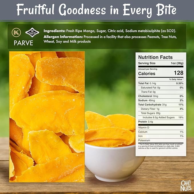 Oh! Nuts Exotic Dried Mango Slices - Sweetened Dehydrated Mango - 1lb Bulk Bag - Dried Mango Fruit Slices for Snacking & Baking - Low Cholesterol, High Fiber