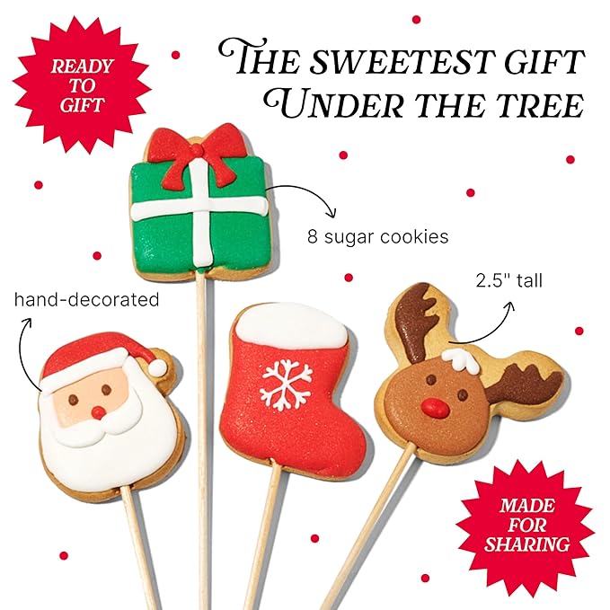 BomBombs, Christmas Cookie Bouquet, Individually Wrapped Sugar Cookies on Sticks & Sleigh Shaped Display Tray, Perfect for Holiday Parties, Set of 8