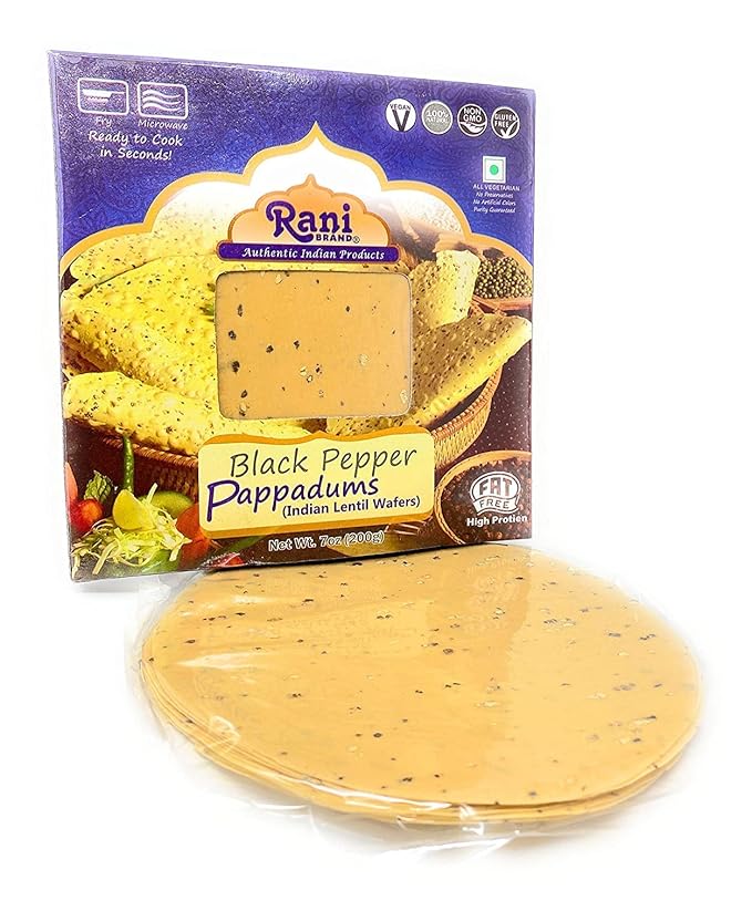 Rani Pappadums (Indian Lentil Wafer Snack) Black Pepper Papad 7oz (200g) Approximately 15pc, 7 inches, Pack of 2 ~ All Natural | Gluten Friendly | NON-GMO | Vegan | Indian Origin