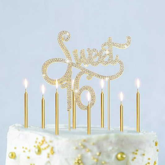 Tondiamo Sweet 16 Birthday Decorations Rhinestone Sweet 16 Cake Toppers 20 Pcs Metallic Happy Birthday Candles 16 Cake Decorations for Cupcake Decor(Gold White)