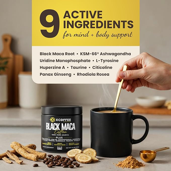 X COFFEE Instant Black Maca Coffee for Men and Women – Maca Coffee Powder - Instant Coffee Blend with Maca Root, Ashwagandha, Ginseng, Huperzine A, Rhodiola, Taurine, Uridine, Citicoline & L-Tyrosine