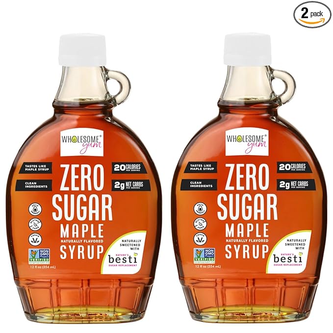 Wholesome Yum Zero Sugar Maple Syrup (Keto Maple Syrup) With Monk Fruit & Allulose - Natural Sugar Free Pancake Syrup - Non GMO, Low Carb, Gluten Free, Vegan, No Aftertaste (12 fl oz, 2 Pack)