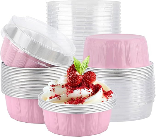 EUSOAR Muffin Liners, 25pcs 9oz Pink Creme Brulee Disposable Ramekins Cake Storage Container, Cake Pans with Lids Cups Cupcakes Bread Pudding Round Holders for Wedding Birthday Theme Party