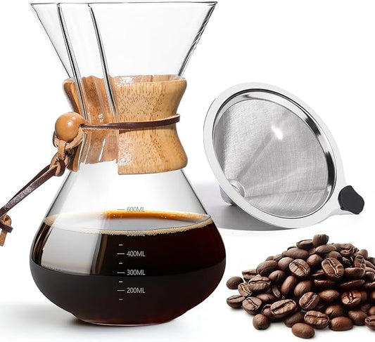 Pour Over Coffee Maker 20 OZ, 6 Cup Borosilicate Glass Drip Coffee Maker with Reusable Stainless Steel Filter and Cork Grip for Home Caf챕 600 ML