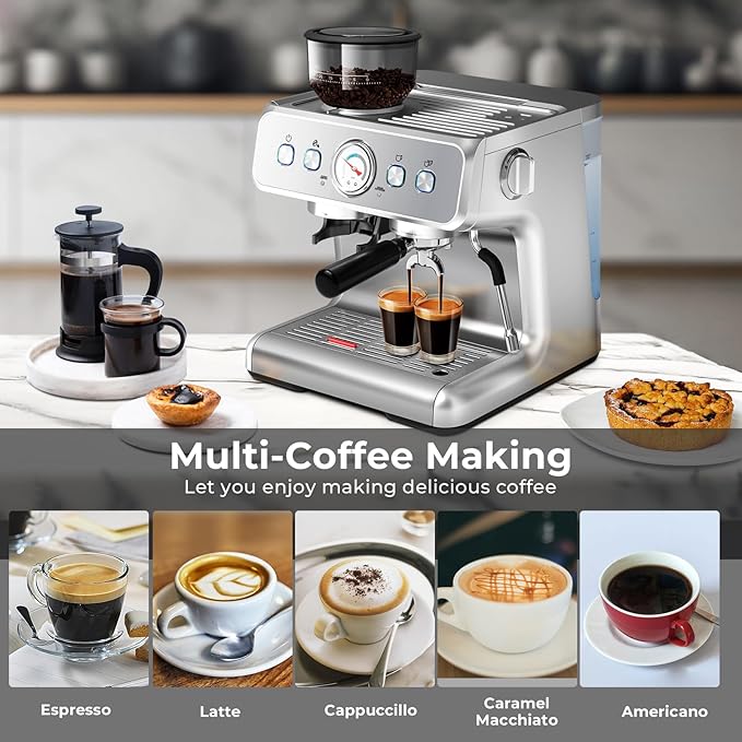 Espresso Machine, 20 Bar Semi-Automatic Espresso Machine with Grinder & Milk Frother Steam Wand, 1450W Home Cappuccino Latte Machine with Removable 95 Oz Water Tank, Stainless Steel