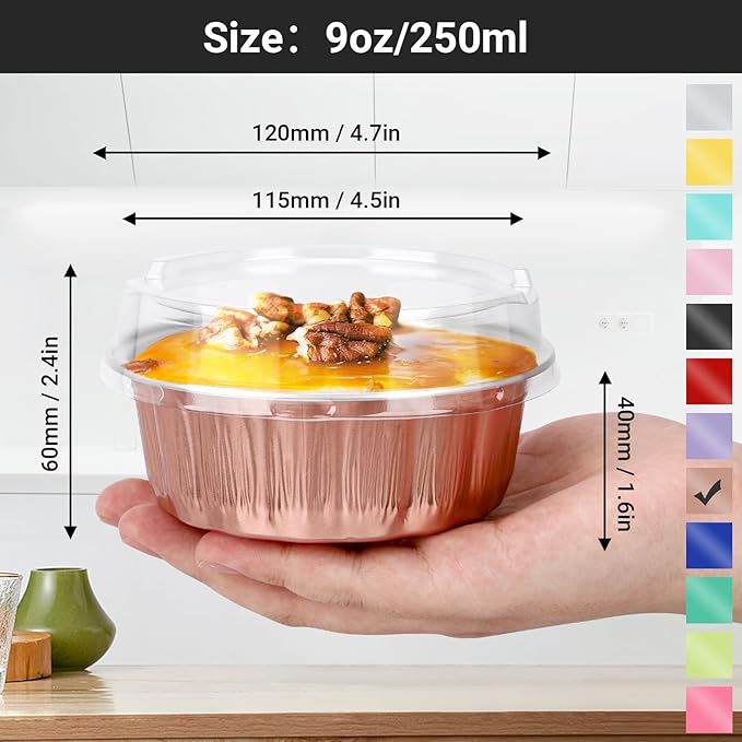 EUSOAR Cake Transport Container, 50pcs 9oz Rose Gold Foil Ramekins Disposable Oven Safe, Dessert Cups with Lids Bakery Cheesecakes Muffins Pie Round Holders for Wedding Birthday Theme Party