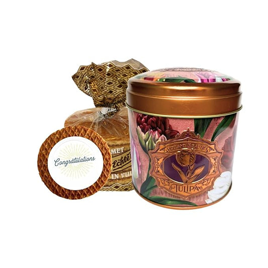 DeReuze Stroopwafels Gift Set – Authentic Caramel Waffle Cookies in Decorative Purple Tulip Tin – Gifts from Netherlands with Messages – Unique Food Gift for Any Occasion (Congratulations)
