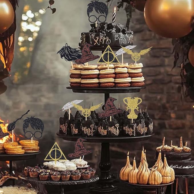 24 Pcs Black Magical Wizard Cupcake Toppers Gold Wizard Hat Flying Broomstick Cupcake Picks Magical School Theme Birthday Halloween Cake Decorations Party Supplies