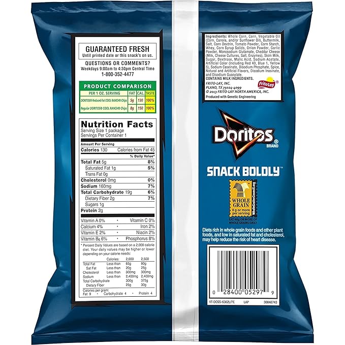 Doritos Flavored Tortilla Chips, Reduced Fat Cool Ranch, 1 Ounce (Pack of 72)