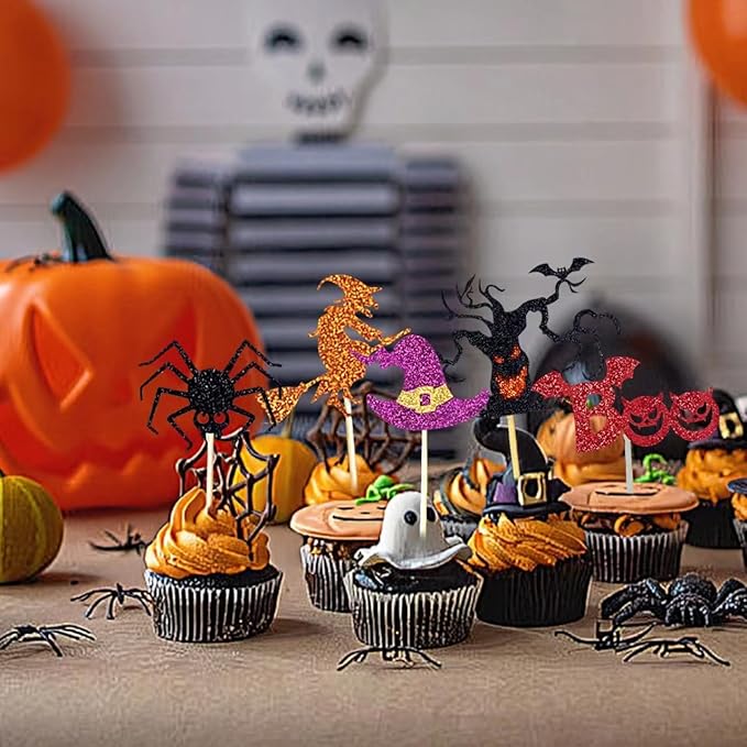 24pcs Halloween Cupcake Toppers Ghost Boo Glitter Haunted House Pumpkin Witch Spider Cake Decoration for Ghost Theme Halloween Holiday Baby Shower Party Supplies