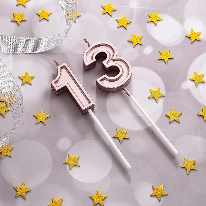 13th Birthday Cake Decorations Set Include Digital Candles 1&3 Numeral 13 Cake Candles and Happy 13th Birthday Cake Toppers with Heart Star Cupcake Picks for Birthday Party Supplies (Rose Gold Series)