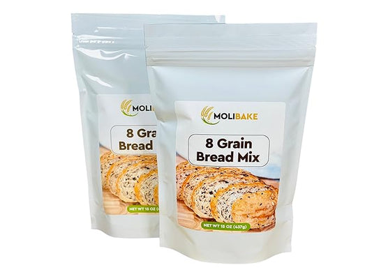 Molibake 8 Grain Bread Mix Pack of 2- All-Natural Multigrain Baking Mix for Bread Machine and Oven - 15 oz - Multigrain Grain Mix for with Flax, Millet & Rye - Easy-to-Use Breads Maker Mix for Homemade Baking