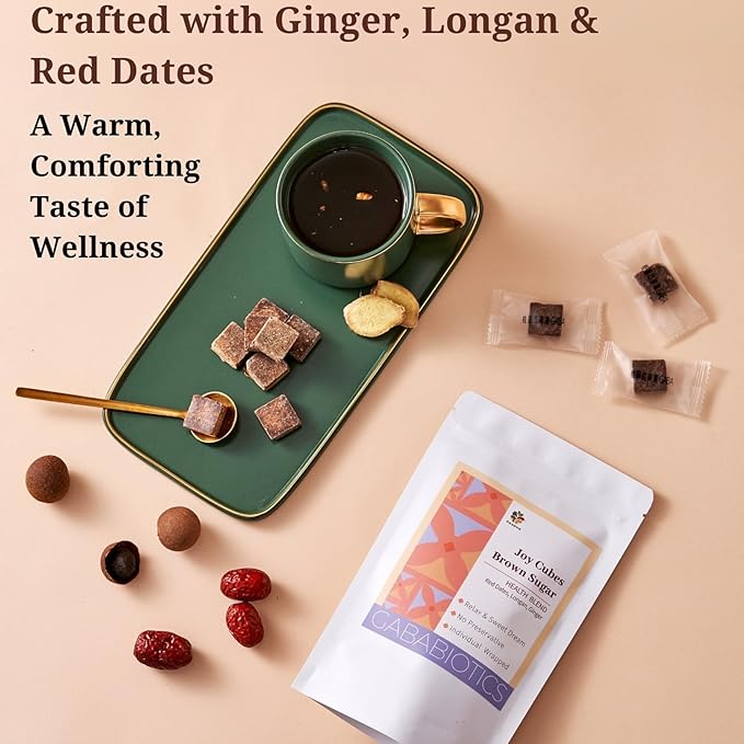 FOODHO GABA Joy Cubes Brown Sugar Cubes Health Blend with Ginger, Longan and Red Dates, Natural Muscovado Sugar, Soothing Ginger Tea, No Preservatives, 70 cubes