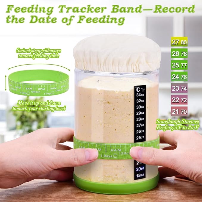40oz Large Sourdough Starter Jar Glass Kit Wide Mouth with Black Silicone Spatula, Aluminum Lid, Cloth Cover, Date Marked Band, Thermometer (Transparent)