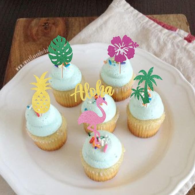 24 Pack Tropical Cupcake Toppers Aloha Luau Cupcake Picks Glitter Flamingo Plam Leaves Pineapple Cupcake Decorations for Summer Baby Shower Birthday Wedding Party Cake Supplies