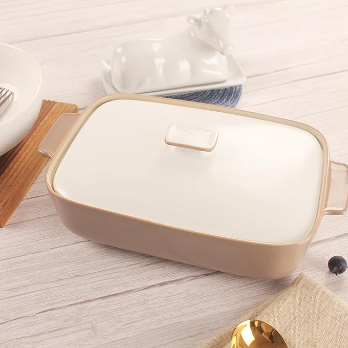 10" x 7" Casserole Dish 1.7 Quart Ceramic Bakeware Set with Lids, Chip and Crack Resistant Ceramic Casserole Dish with Handle 11.6 In, Microwave, Dishwasher, Oven, Freezer and Fridge Safe