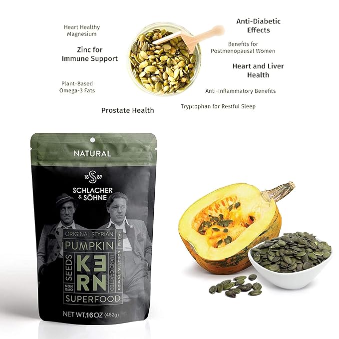 Schlacher & Söhne Styrian Pumpkin Seeds, 100% Pure & Natural, Premium Quality Pepitas, Healthy Snacks, Raw, Keto Friendly, Unsalted, Full of Proteins, Made in Austria (1 Pound, Natural Seeds)