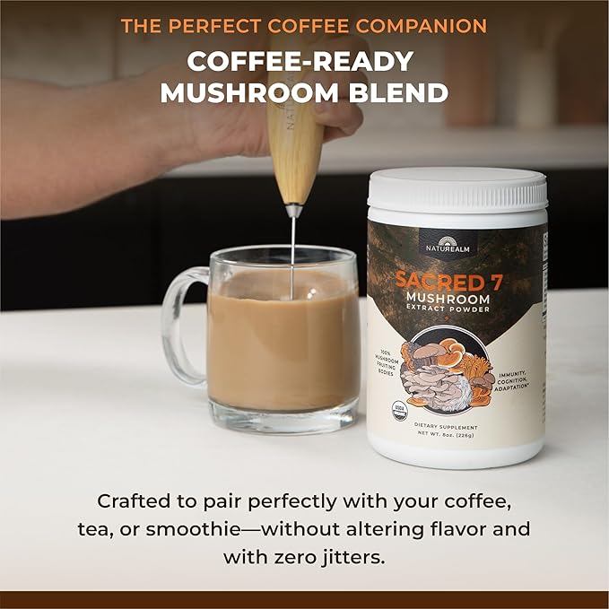 Sacred 7 Organic Mushroom Supplement ??100% Fruiting Body Extract Powder with Lions Mane, Reishi, Chaga & More | Nootropic & Immune Support for Coffee, Tea, Smoothies ??60 Servings