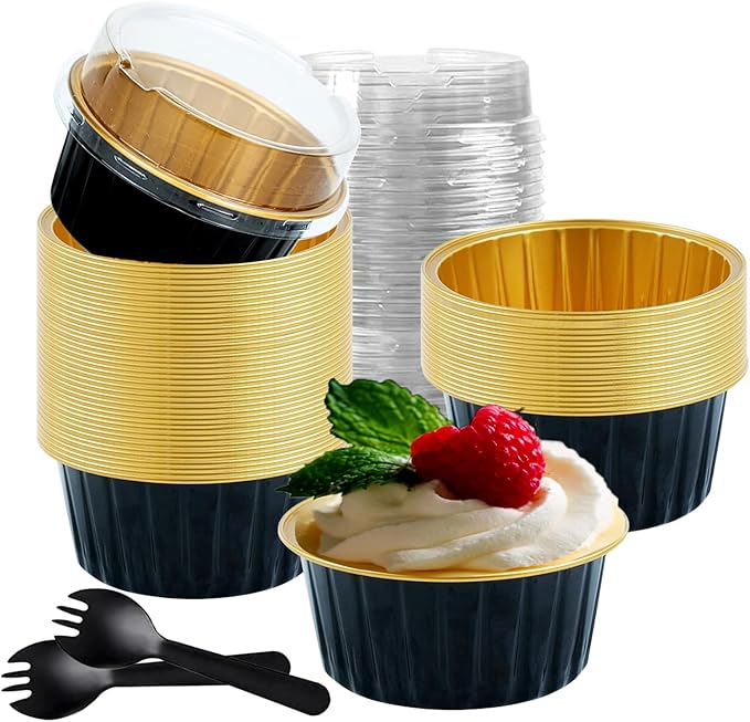 60 Pcs Mini Cake Pans with Lids,5oz Aluminum Foil Baking Cups Round Mini Disposable Ramekins 125ml Muffin Tin Ramekins Brownie Baking Cups, Dessert Cupcake Cups for Wedding Birthday Party