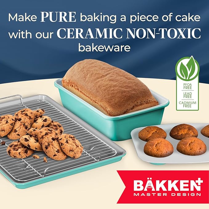 Bakken 8-Piece Stackable Bakeware Set - Ceramic Non-Stick Coating, Baking Sheets, Assorted Baking Pans, PTFE, PFOA & PFOS Free - Healthy Baking, Ergonomic Handles, Cooling Rack, Non-Toxic, Oven-Safe