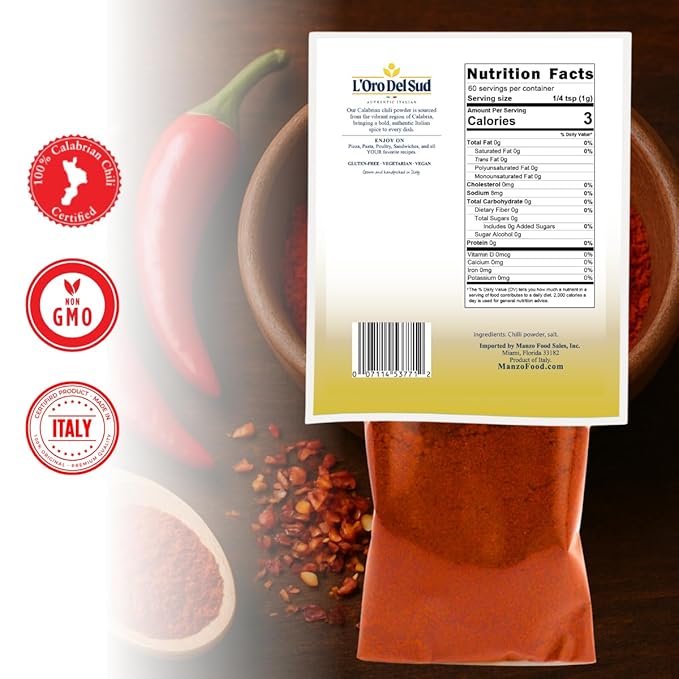 Calabrian Chili Powder, 2.11 oz (60 g), Hot Chili Pepper Powder, Product of Italy, All Natural, Non-GMO, L'Oro Del Sud