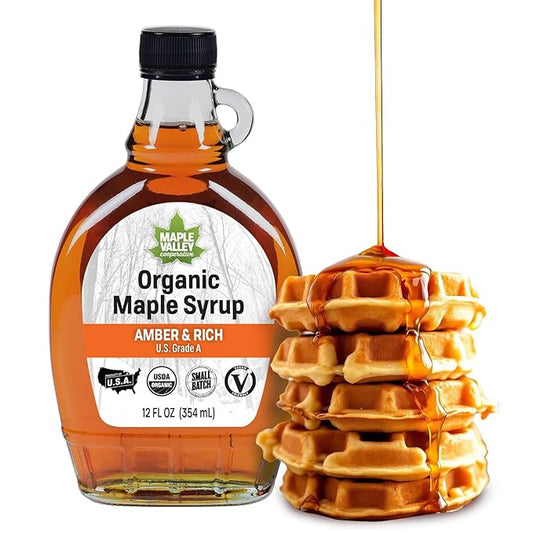 Maple Valley Organic Pure Maple Syrup, Amber and Rich, Better Than Pancake Syrup, Use for Coffee or All-Natural Sugar Substitute in Cooking and Baking (12oz Glass Bottle)
