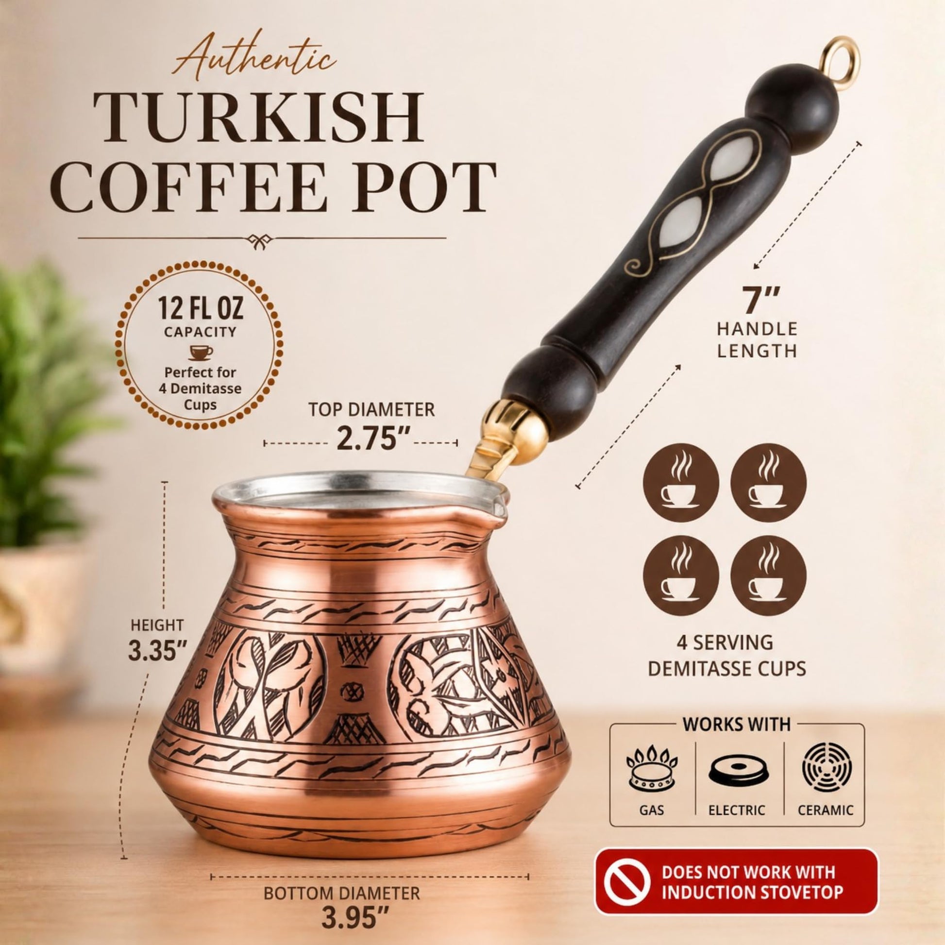 BCS 12 oz Handmade Copper Turkish Coffee Pot, Hand-Engraved Cezve & Spoon