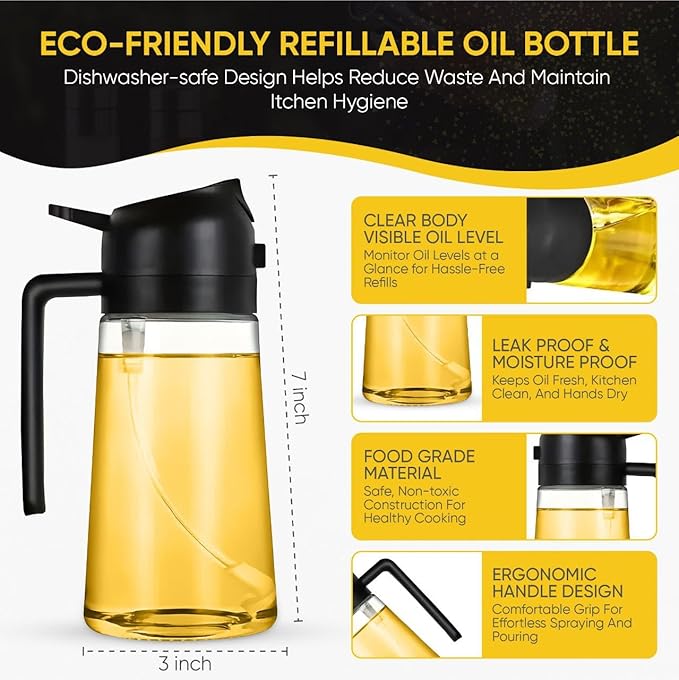 2-in-1 Olive Oil Dispenser Bottle, Spray and Pour, Multi-Use Kitchen Gadget, Food-Grade, Salad Dressing, Air Fryer, Healthy, BBQ, Barbecue (Black)