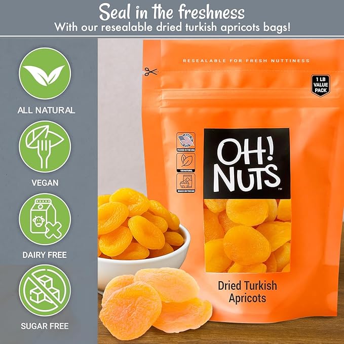 Oh! Nuts Dried Apricots Turkish - 1 lb - Dried Fruit - No Sugar Added - Dehydrated Fruit Bites - Packed in New York Zip-Seal Bag for Exceptional Freshness