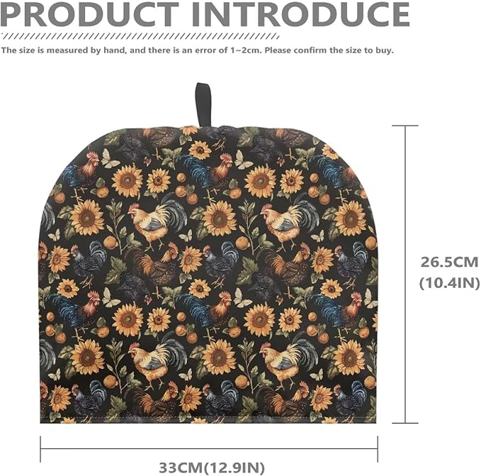Sunflower Rooster Print Tea Pot Cover Warm Keeper with Top Hanging Loop Tea Cozy Insulated Teapot Dust Cover for Home Kitchen Decor