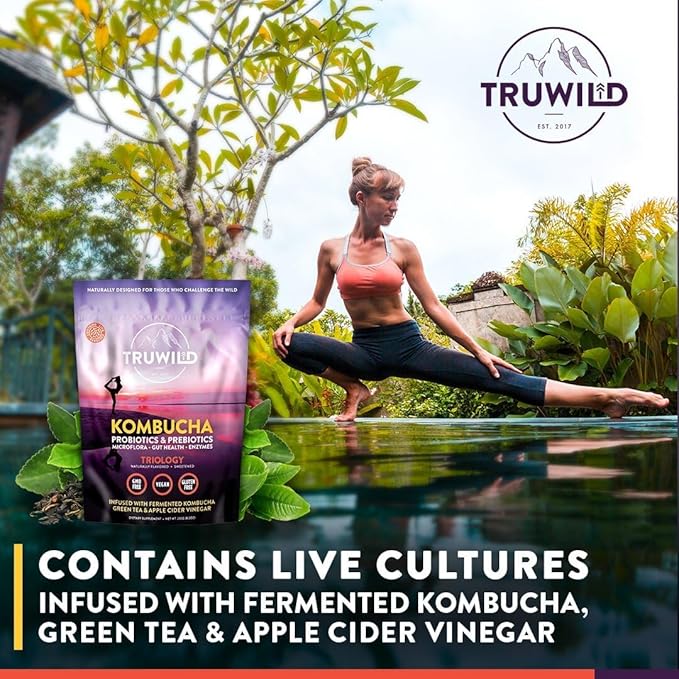 TruWild Natural Kombucha Powder Probiotic Supplement Vegan Drink Mix ??Gut Health Digestive Enzymes w/Live Cultures + Apple Cider Vinegar & Prebiotics ??20 Servings