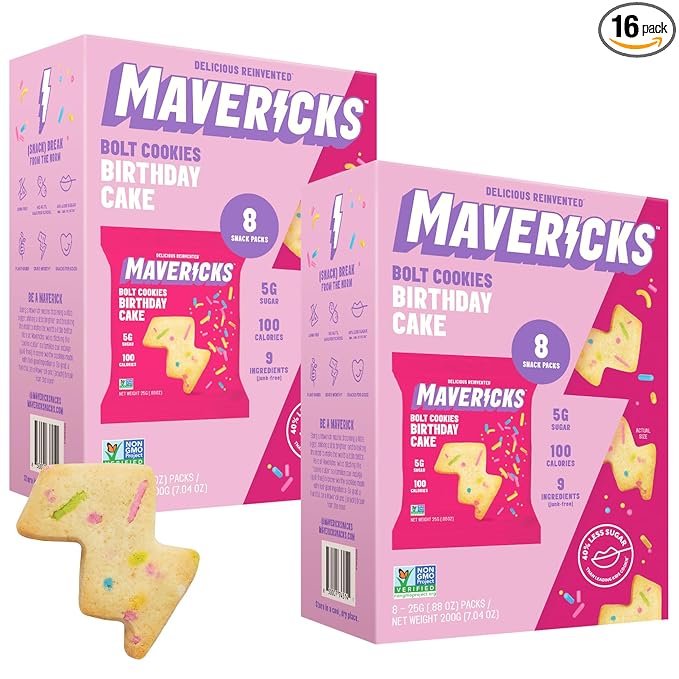 Mavericks Birthday Cake Bolt Cookies - Plant-Based Birthday Cake Confetti Cookies, Egg-Free, Nut-Free, Plant-Based Dessert for Kids - Back to School - 2 Boxes (16 Pouches)