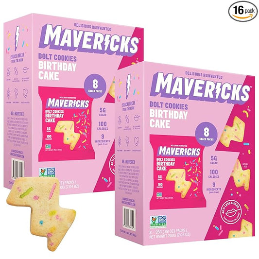 Mavericks Birthday Cake Bolt Cookies - Plant-Based Birthday Cake Confetti Cookies, Egg-Free, Nut-Free, Plant-Based Dessert for Kids - Back to School - 2 Boxes (16 Pouches)
