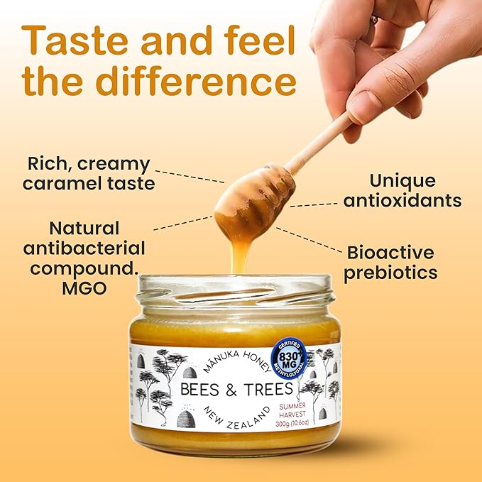 Bees & Trees Manuka Honey 830+ MGO – Pure New Zealand Raw Monofloral Honey – Unpasteurized & Natural – 300g (10.6oz) Glass Jar – Perfect for Coffee, Tea & Daily Wellness