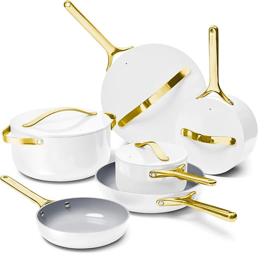 Caraway Deluxe Nonstick Ceramic Cookware Set (16 Piece) Pots, Frying Pans, Lids and Kitchen Storage - PFAS & PFOA Free - Oven Safe Ceramic Pan Set & Compatible with All Stovetops - White
