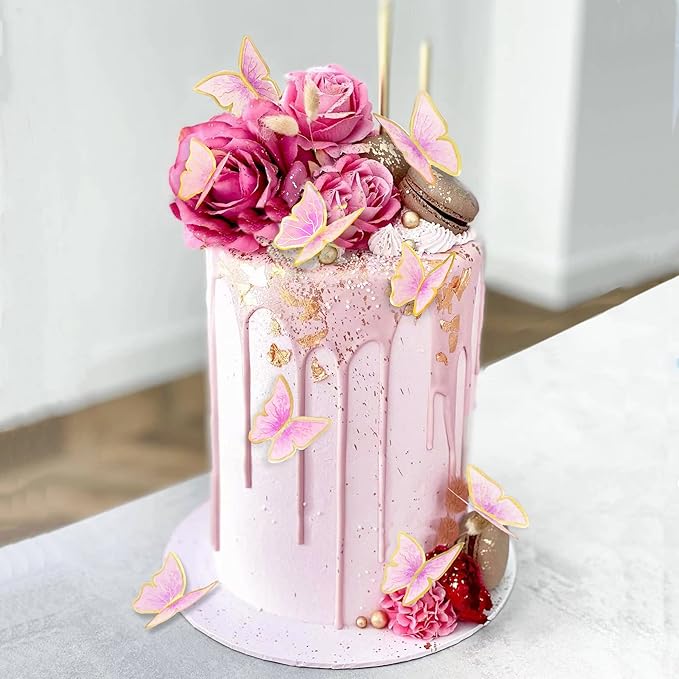 11-Piece Pink Gold Butterfly Cake Toppers Set - Happy Birthday Metal Gold Cake Topper & Decorations (LL-652)