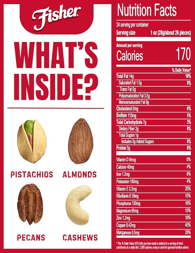 Fisher Oven Roasted Never Fried Deluxe Mixed Nuts, 24 Ounces (Pack of 2), Almonds, Cashews, Pecans, Pistachios, Snacks for Adults, Made With Sea Salt, No Added Oil, Artificial Ingredients or Preservatives, Trail Mix, Gluten Free