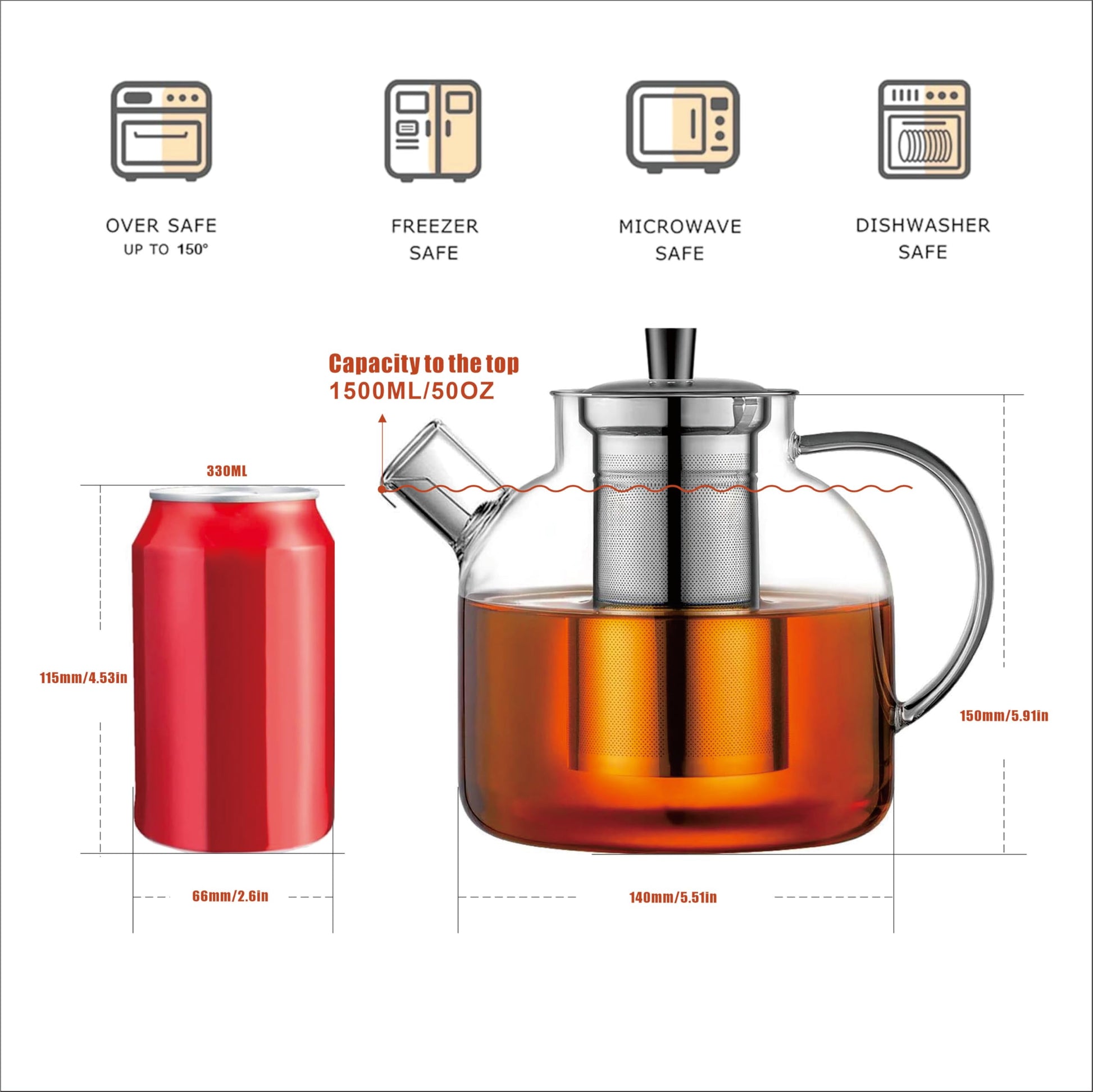 1500ml(50oz) Glass Teapot with Removable Infuser, Ehugos Stovetop Safe Large Tea Pot, Blooming and