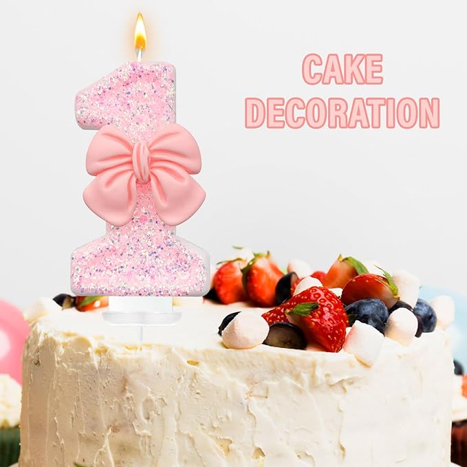 Pink Glitter Bow Birthday Candle, Smokeless, Eco-friendly, Non-Toxic, Modern, Numeric, 8cm/3in x 4cm/1.6in, 1 Count