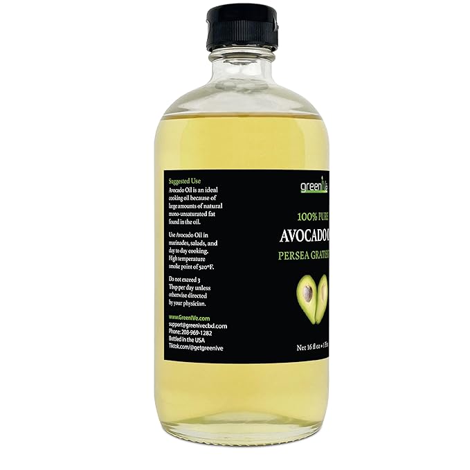 GreenIVe Avocado Oil Naturally Grown 100% Pure Natural without Additives, Clean, Cold Pressed, Non-GMO, Vegan: For Cooking, Frying, Baking and for Sauces, Dressings, Marinades, Salads (16 Fl Oz (GLASS), Avocado)