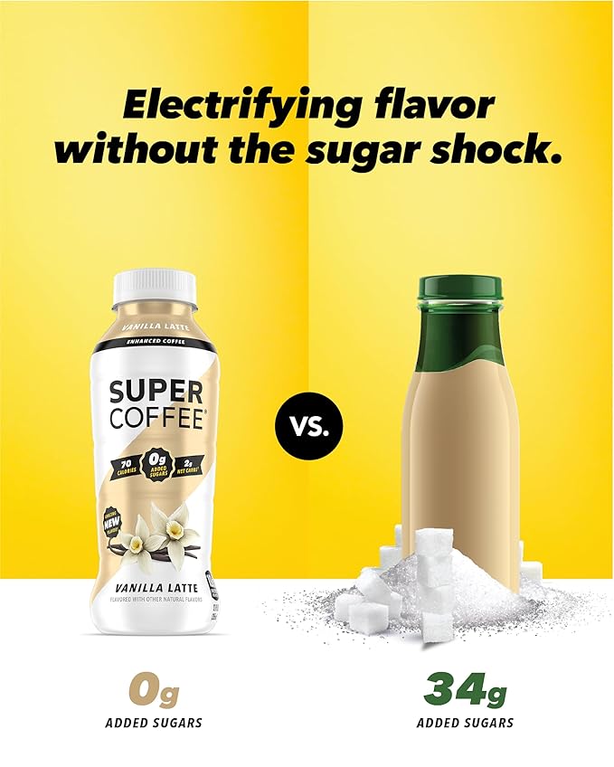 Super Coffee, Ready To Drink Iced Coffee, Vanilla Latte (12 Ounce Bottles, Pack of 12) - Low Net Carbs, No Added Sugar, Keto Friendly, 10g of Protein, Low Calorie, Protein Coffee