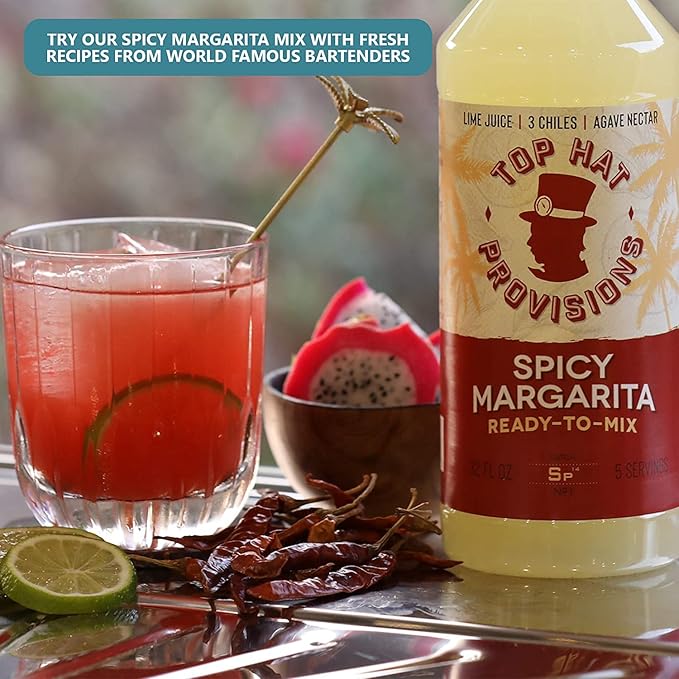 Top Hat Spicy Margarita Drink Mix - Handcrafted with 3 Chiles, Pineapple, Organic Agave Nectar & Organic Lime Juice - Low Calorie/Low Sugar - 32oz Bottle