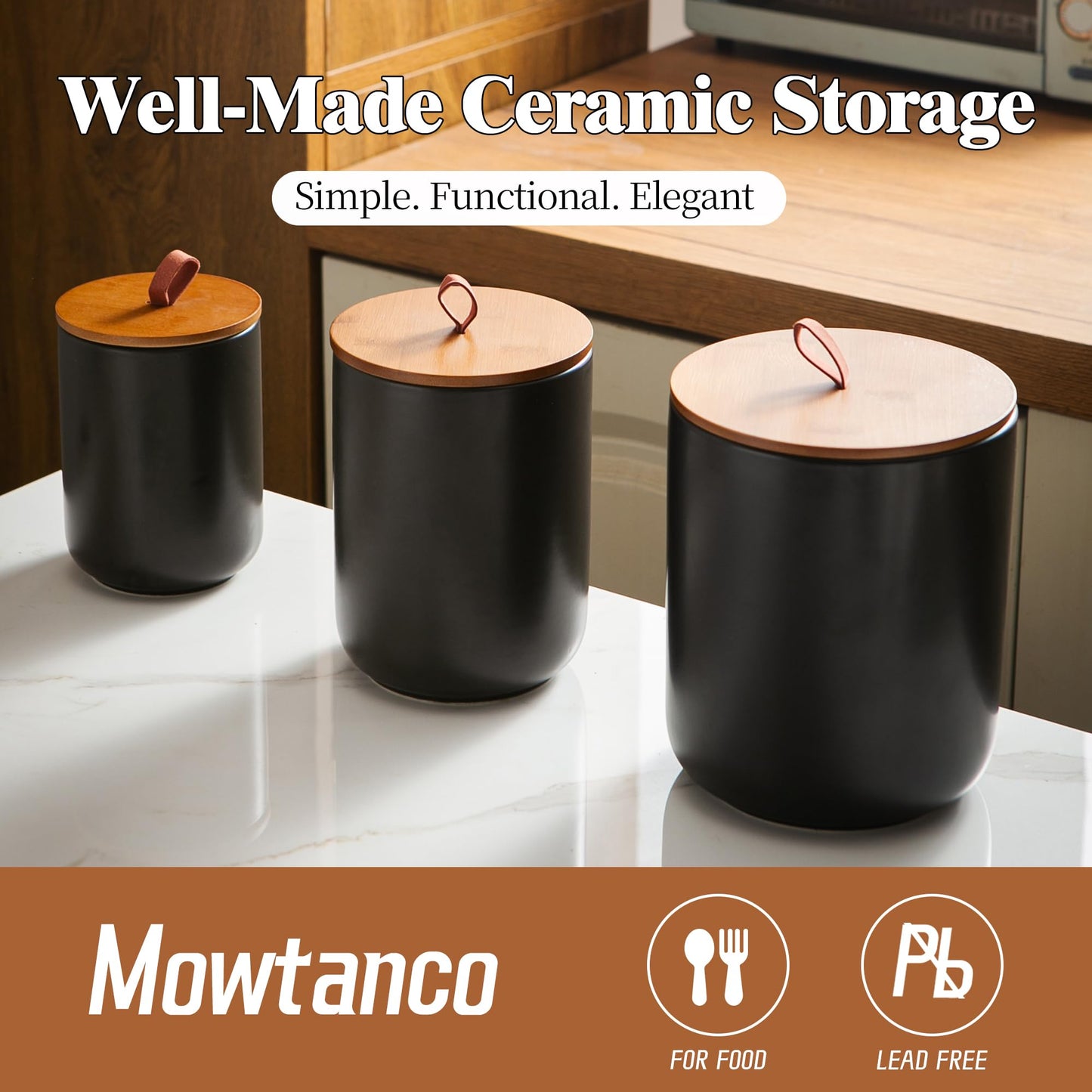 Mowtanco Ceramic Canister Set (30 oz, 48 oz, 82 oz) – Black Ceramic Jar Set with Airtight Bamboo