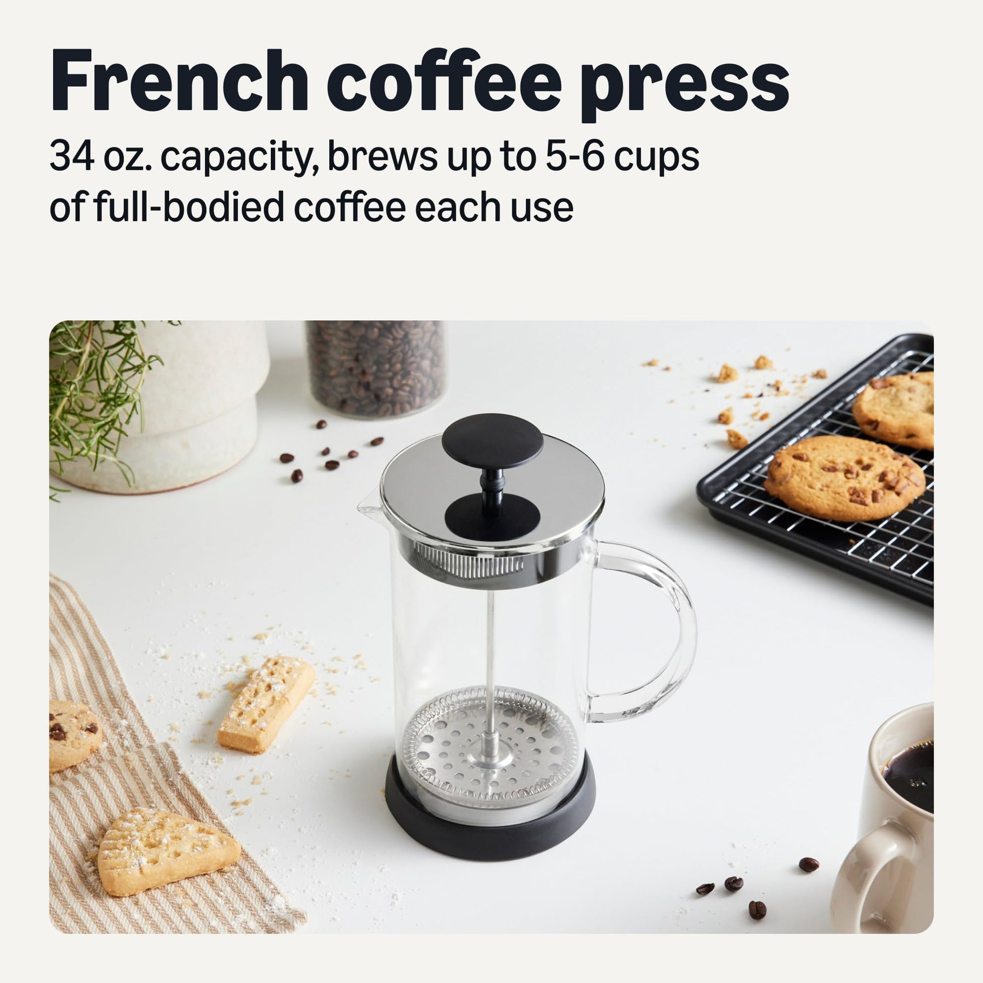Amazon Basics French Coffee Press, 34 oz., Borosilicate Glass, BPA-Free, Triple Filtration System