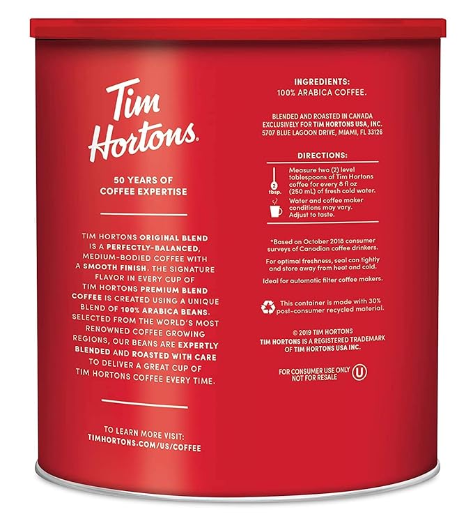 Tim Hortons Original Blend, Medium Roast Ground Coffee, Canada???Favorite Coffee, Made with 100% Arabica Beans, 32.8 Ounce Canister